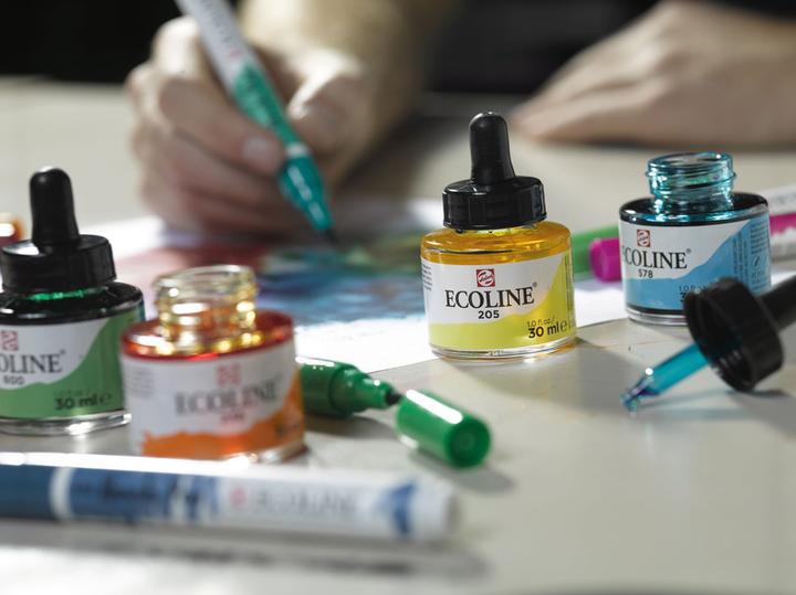 Actual product image Talens Ecoline set (Lemon, Magenta, Sky blue, Green, Black, Grey, Bright orange, Vermilion, Sepia, Ultramarine violet, 300 ml)