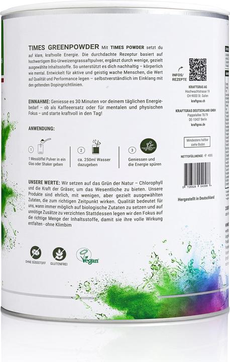 Valori nutrizionali e ingredienti Kraftgras Greenpowder Times (1 Pezzo/i, Polvere, 450 g)