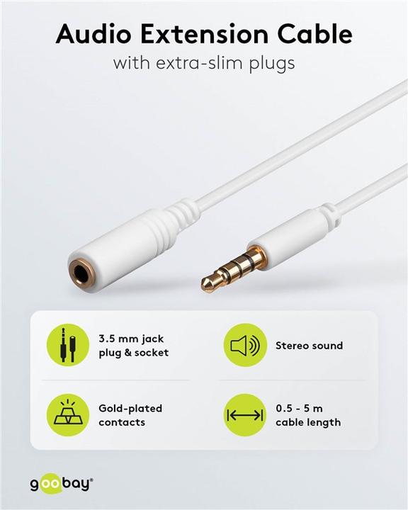 Actual product image Goobay Headphone and audio extension cable AUX, 4-pin 3.5 mm slim, CU (0.50 m, Extension)