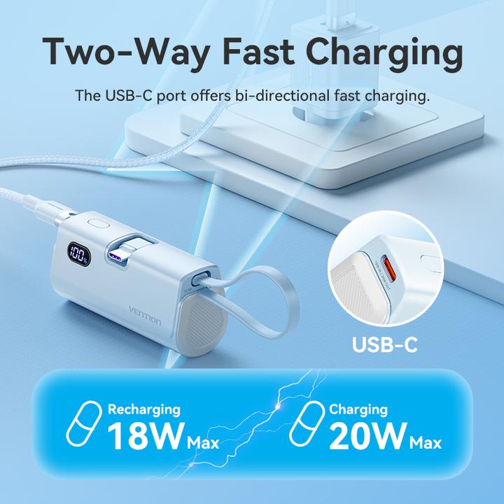 Productafbeelding Vention LED Display 4800mAh Power Bank (USB-C + Lightning + USB-C) 22.5W Roze Opvouwbaar USB-C Type (4800 mAh, 22.50 W, 22.50 Wh)
