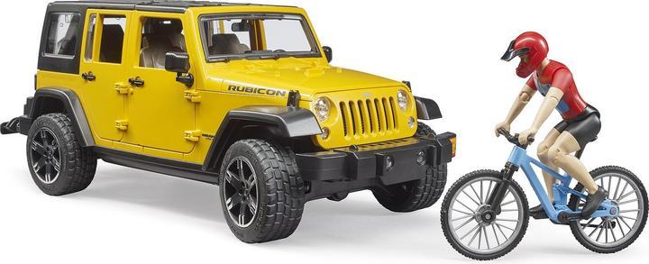 Actual product image Bruder 2543 Jeep Wrangler Rubicon Unlimited with 1 mountain bike and cyclist