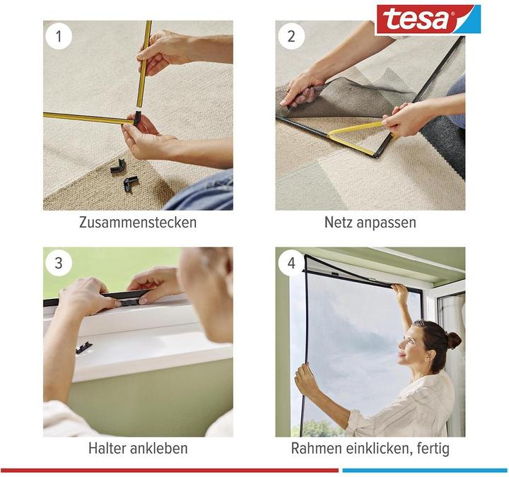 Produktbild tesa CLIP-ON Insektenschutz mit Anklipsrahmen für Fenster, zuschneidbarer Rahmen, ohne Bohren (100 x 120 cm)