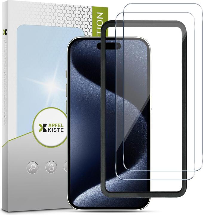 Actual product image Apfelkiste - Panzer Glas Displayschutzfolie mit Montagerahmen (2er Set) (2 Piece, Apple iPhone 15 Pro Max)