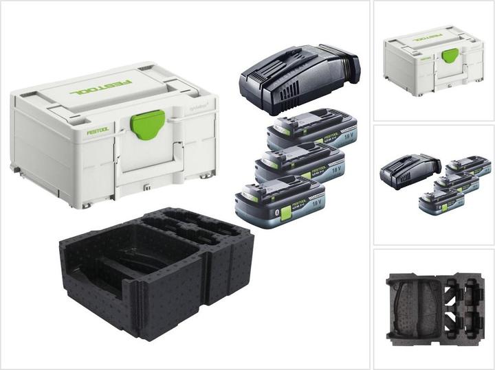 3x Festool BP 18 Li 4,0Ah HPC-ASI bloc batterie 18V 4,0Ah HighPower batterie Bluetooth avec Airstream, 1x Festool SCA 16 chargeur rapide 10,8 V - 18 V, 1x Festool Systainer SYS3 M 187, insert correspondant