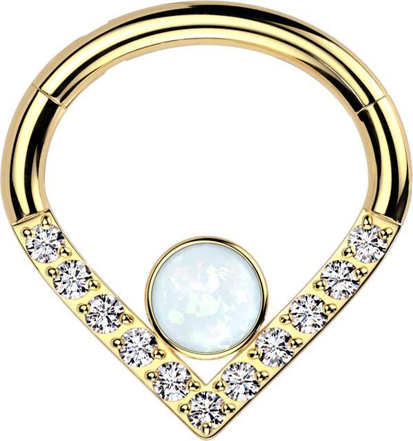 Star Piercing Micro Segmentring klappbar Winkel vergoldet Kristalle silber grosser Opal weiss (ohne Messing, Titan G23)