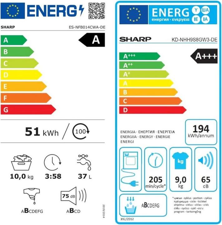 Etichetta energetica Sharp 9/10 kg Torre di lavaggio (9 kg, A sinistra)