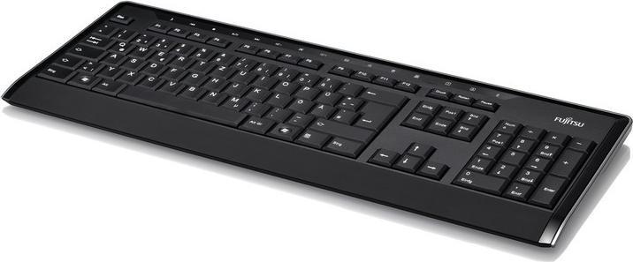 Produktbild Fujitsu Keyboard KB900 USB spillwater resistant Tastenleiste mit 12 Hotkeys schwarz mit silber Rand rote...