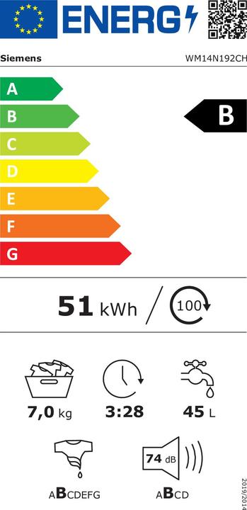 Energie-Label Siemens WM14N192CH iQ300 Waschmaschine Frontloader 7 kg 1400 U/min. (7 kg, Links, CH-Stecker)