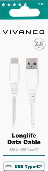 Actual product image Vivanco Longlife USB-C cable, nylon, USB-A plug <> USB-C plug, max. 18W, white, 2.50m (2.50 m, USB 3.2 Gen 1)