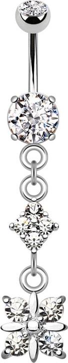 Star Piercing Banane silber mit zwei Kugeln Kristall silber Anhänger Diamant vier Kristalle (Messing, Chirurgenstahl 316L)