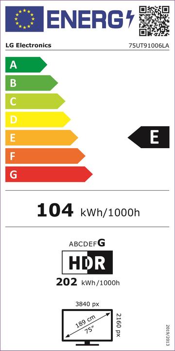 Energie-Label LG 75UT91006LA.AEU Fernseher 190,5 cm (75) 4K Ultra HD Smart-TV WLAN Schwarz (75", UT91, LED, 4K)