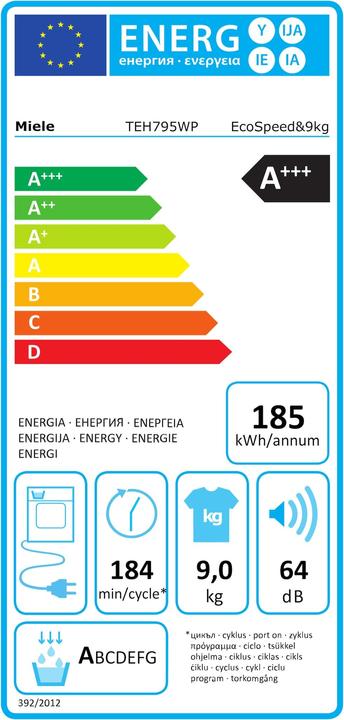 Energie-Label Miele Wärmepumpen-Trockner TEH795 WP EcoSpeed&9kg (9 kg, Links)