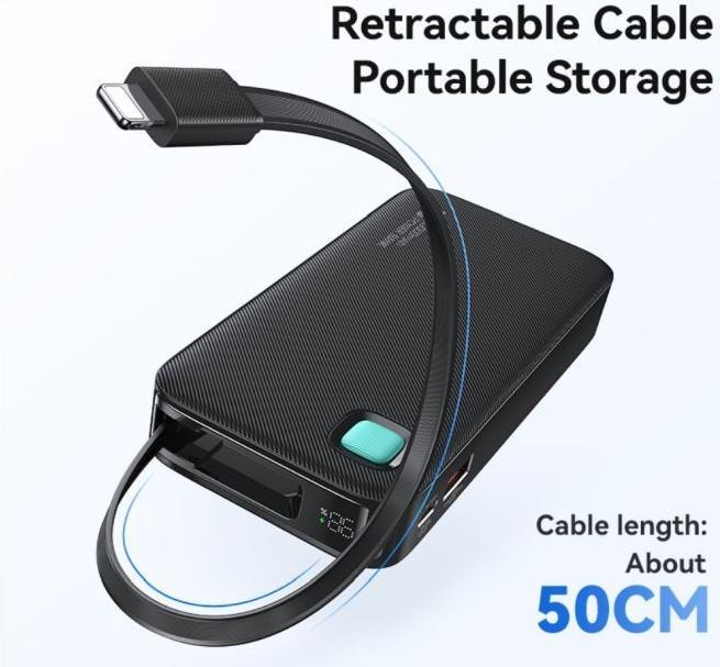 Actual product image Usams Powerbank ze zwijanym kablem USB-C Retractable 10000 mAh PD 20W Fast Charge XY Series czarny/b (10000 mAh, 50 W, 50 Wh)
