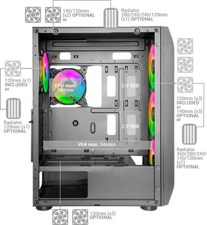 Immagine prodotto Mars Gaming Boitier Moyen Tour E-Atx Mc-Kx RGB Avec Panneau Vitré (Noir) (ATX, mATX, Mini-ITX)