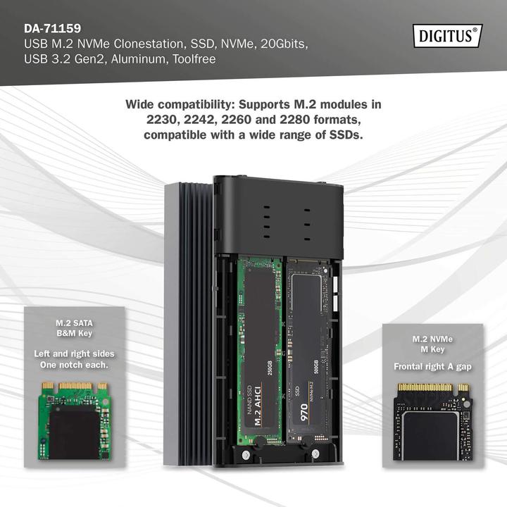 Immagine prodotto Digitus USB M.2 NVMe Clonestation, SSD, NVMe, 20Gbit, USB 3.2 Gen2, Alluminio, senza attrezzi (M.2 2280, M.2 2260, M.2 2242, M.2 2230)