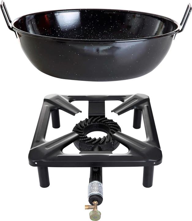 Produktbild Paella World International Hockerkocher-Set (klein) mit Emaille-Schüssel/Topf Ø 30 cm - ohne Zündsicherung