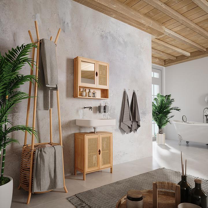 Actual product image Vichy Bathroom mirror cabinet Liora, Bamboo/rattan, 56 x 58 cm with mirror