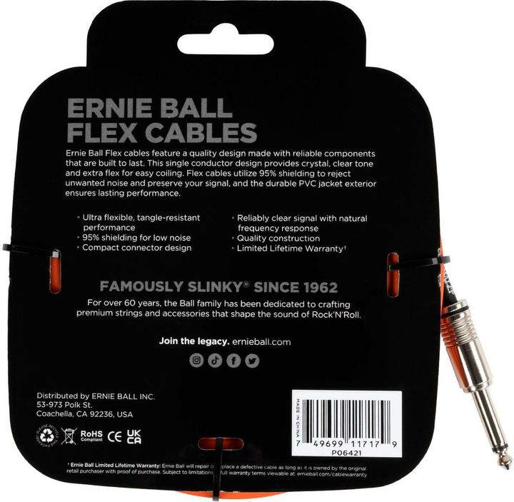 Image du produit Ernie Ball Câble d'instrument 6421 - 6.09 m, orange (6.09 m, jack 6.3mm)