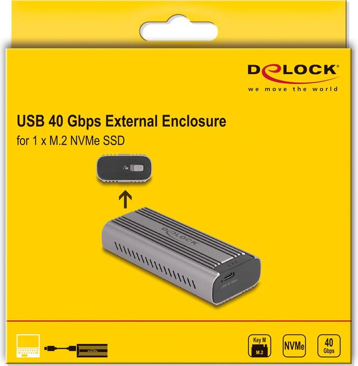 Actual product image Delock USB Type-C 40 Gbps housing for 1 x M.2 NVMe PCIe SSD (M.2 2280, M.2 2242, M.2 2260)