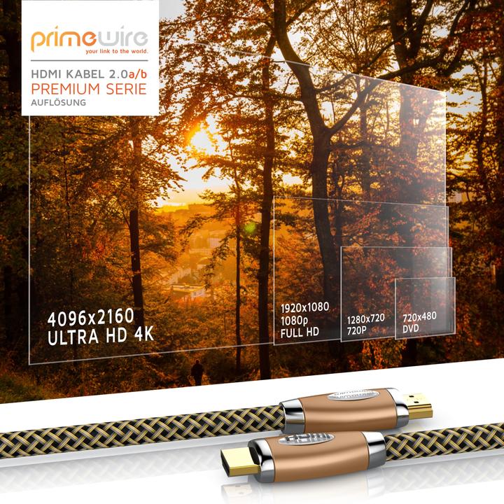 Produktbild Primewire HDMI Kabel 2.0b - 4k Ultra HD 2160p - 3D - Nylonummantelung - Vollmetall Stecker - 3 fach geschirmt (2 m, HDMI)