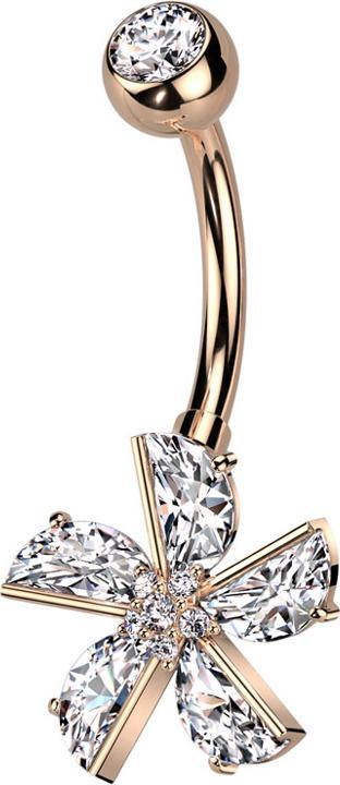 Produktbild Star Piercing Banane rosegold mit Kugel Kristall silber und Blume Kristalle silber (Chirurgenstahl 316L, Messing)