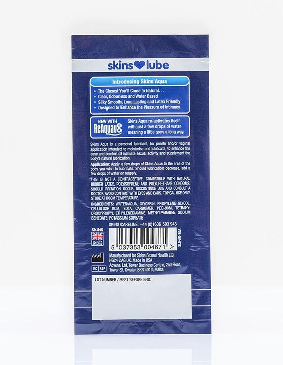Nutritional values and ingredients Skins Aqua Water Based Lubricant - 5ml Foil (5 ml)