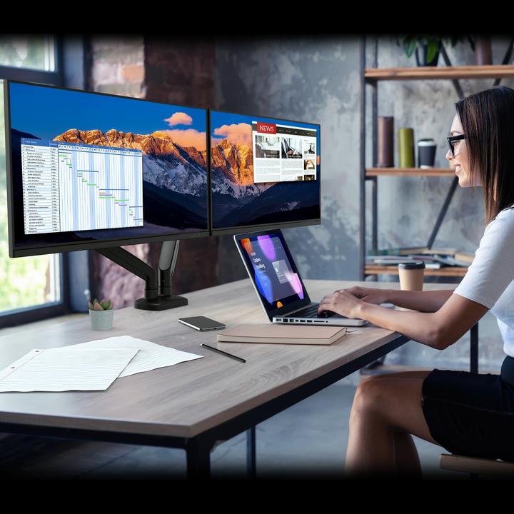 Actual product image j5Create JTSA102 Ergonomic Dual Monitor Mount, Black, Clamp/Grommet, 16 kg, 43.2 cm (17"), 81.3 (Table, 32.01")