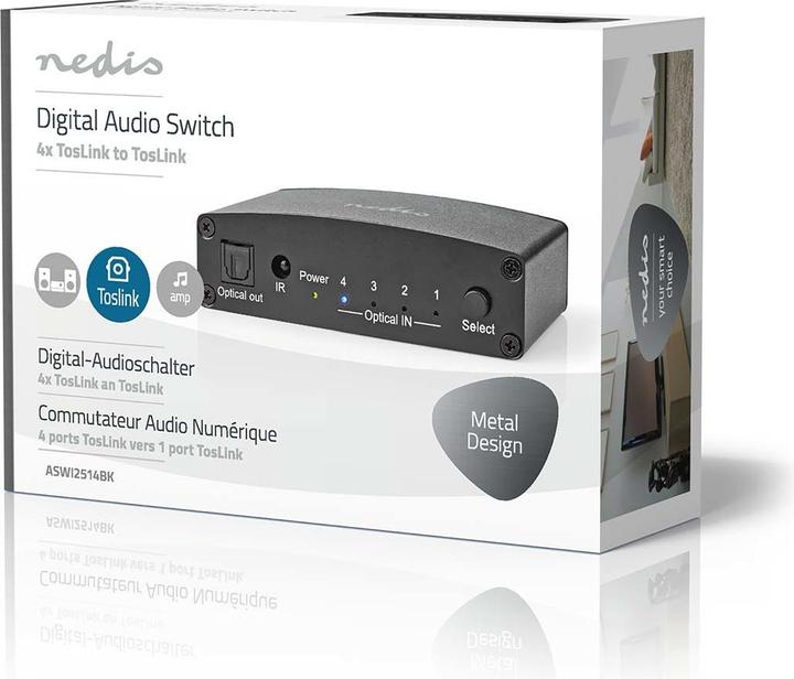 Image du produit Nedis Commutateur audio numérique | 4 voies | Connecteurs - Entrée : DC Power / 4x TosLink | Connecteurs (0.05 m)