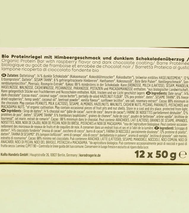 Produktbild KoRo Veganer Bio Proteinriegel mit Himbeergeschmack und dunklem Schokoladenüberzug (1 Stk., 600 g)