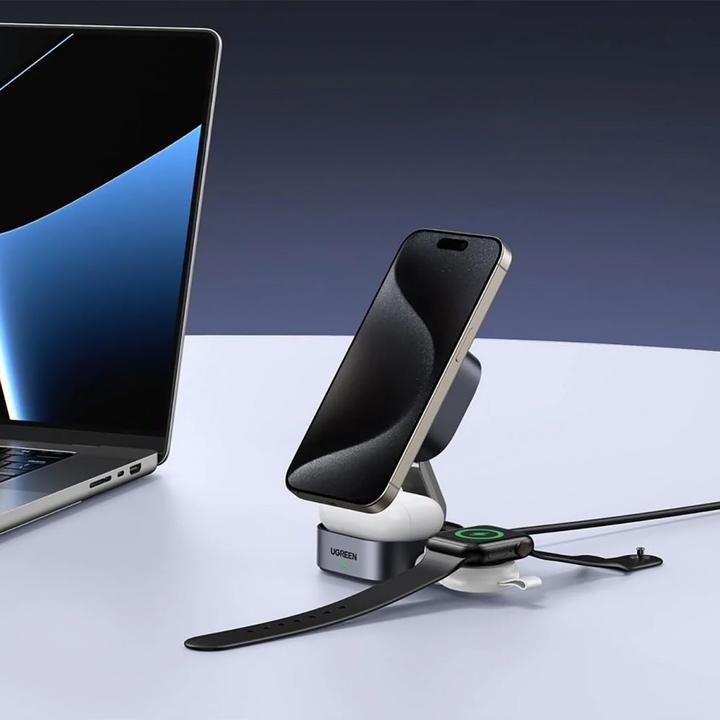 Produktbild Ugreen W702 3in1 inductive charger with MagSafe / Qi2 and USB-C port for phone / headphones - black (15 W)