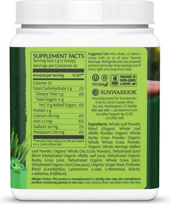 Valeurs nutritives et ingrédients Sunwarrior Ormus Super Greens (1 pièce(s), Poudre, 225 g)
