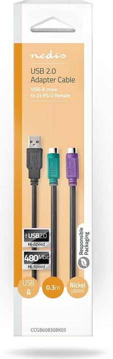 Produktbild Nedis 2 in 1-Kabel | USB 2.0 | USB-A Stecker | 2x PS/2 Buchse | 480 Mbps | 0.30 m | Vernickelt | Run (0.30 m, PS/2)