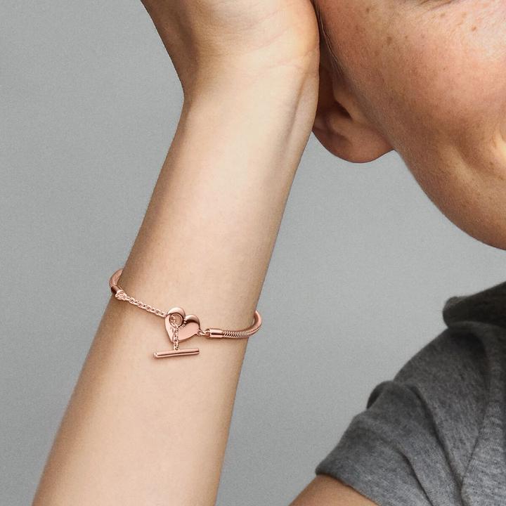Image du produit Pandora 14k or rose Moments Heart T-Bar Snake Chain Bracelet (23 cm, Métal, plaqué or rose)