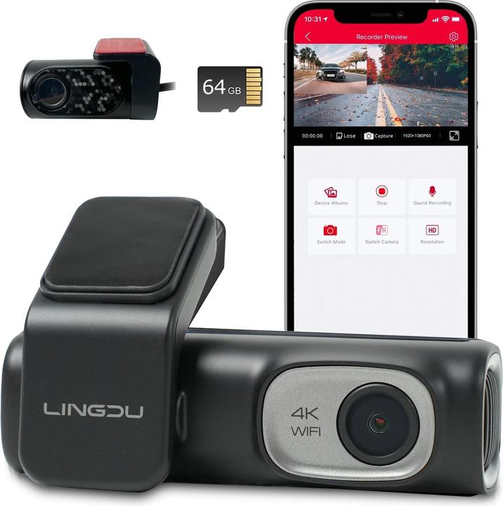Actual product image Hermex 4K WiFi dual dashcam car front camera onboard camera car surveillance (Built-in microphone, Built-in display, Rechargeable battery, GPS receiver, Wi-Fi, 4K)