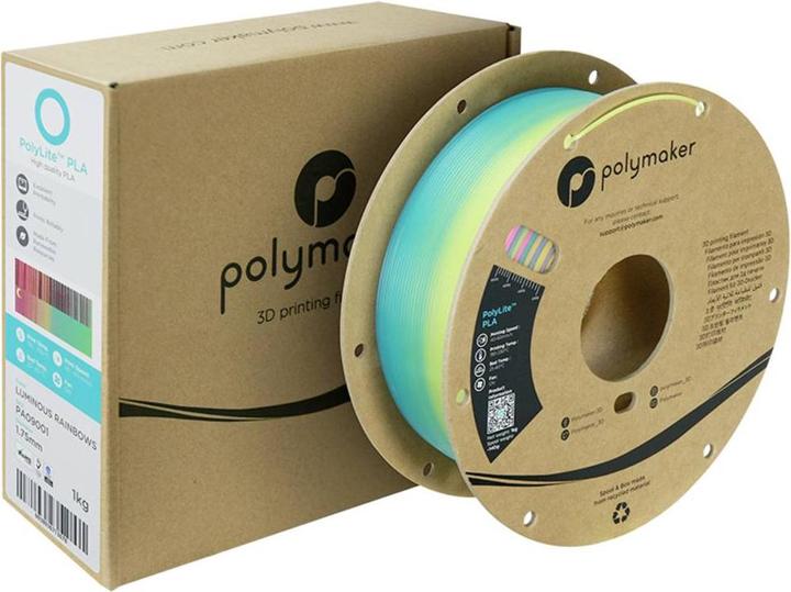 Produktbild Polymaker Luminous Filament PLA nachleuchtend Leucht-Regenbogen (PLA, 1.75 mm, 1000 g, Mehrfarbig)