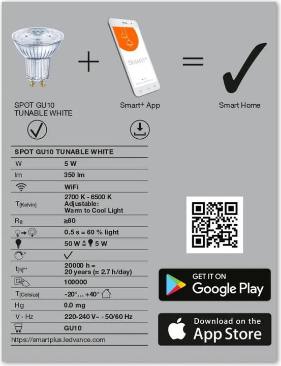 Immagine prodotto Ledvance Spot Wifi Smart+ (GU10, 5 W, 350 lm, 1 x, G)