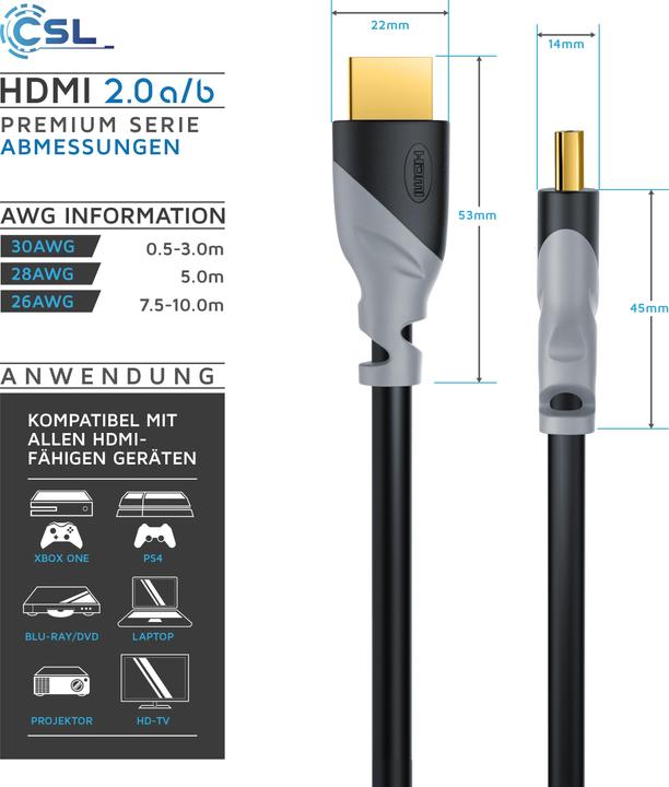 Actual product image CSL HDMI cable 2.0b - 4k Ultra HD 2160p - High Speed - 3D Ready - 3 x shielded - HDMI 2.0b 2.0a 2.0 (10 m, HDMI)
