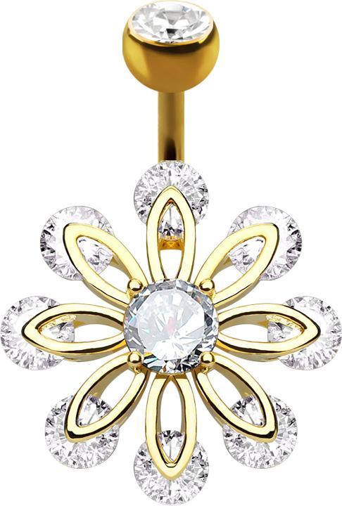 Actual product image Star Piercing Banana 14k gold-plated with ball crystal silver eight petals (Brass, Surgical steel 316L)
