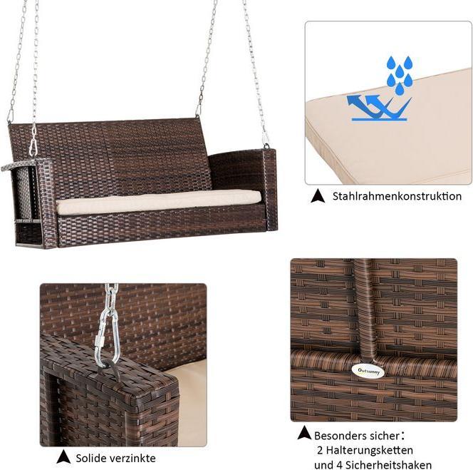 Produktbild Swisshandel24 Hängebank 2-Sitzer Rattan Gartenschaukel mit Sitzkissen Hängeschaukel Hollywoodschaukel Schaukelbank