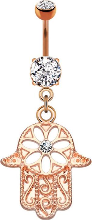Star Piercing Banane rosegold mit Anhänger Hamsa verschnörkelt Kristall silber (Messing, Chirurgenstahl 316L)