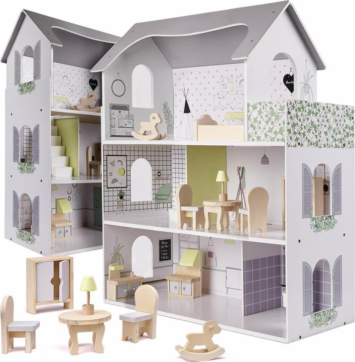 Produktbild Ikonka Puppenhaus aus Holz + Möbel 70cm grau