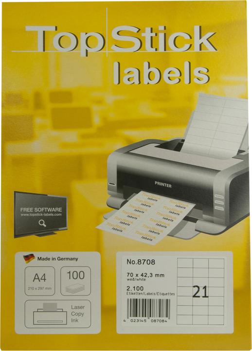 Immagine prodotto TopStick Etichette universali TOP STICK, 70 x 42,3 mm, bianco, 100 fogli
