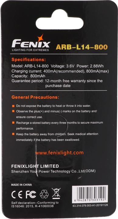 Image du produit Fenix Accu 14500 Mignon AA 3,6 volts avec électronique de protection ARB-L14-800