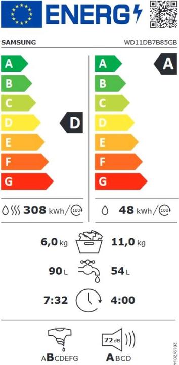 Label énergétique Samsung WD11DB7B85GBU3