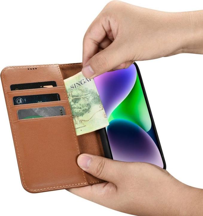 Actual product image iCarer wallet case 2 in1 case iPhone 14 leather cover with folding brown antiRFID (WMI14220725-BN) (Apple iPhone 14)