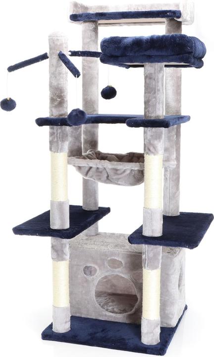 Actual product image Fudajo Cat Tree Light Grey Scratching Tree 134cm High Climbing Tree with Cat House and Hammock (134 cm, Light grey, Blue)