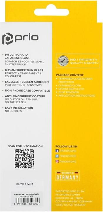 Image du produit prio Verre de protection d'écran pour iPhone SE(2022/2020)/8/7/6S/6 transparent (1 pièce(s), Apple iPhone 6s, Apple iPhone SE (3ème génération), Apple iPhone SE (2ème génération), Apple iPhone 6, Apple iPhone 8, Apple iPhone 7)