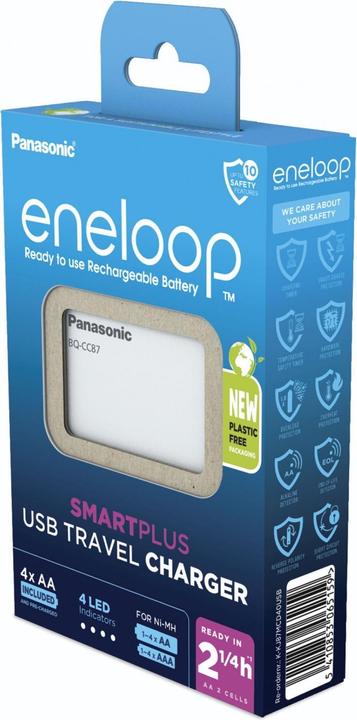 Immagine prodotto Panasonic caricatore da viaggio USB eneloop Smart Plus BQ-CC87 (4 pz., AA, AAA, 2000 mAh, Batteria + Caricabatterie)