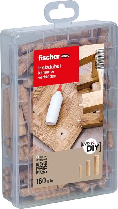 Produktbild Fischer Praktische Helfer Leimen & Verbinden, Sortimentbox mit 160 Holzdübeln, Set für sichere Verbi (160 Stk.)