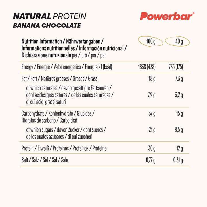Valeurs nutritives et ingrédients Powerbar Protéines naturelles (Banane, Chocolat, 18 pcs, 720 g)
